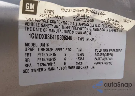 2001 Pontiac Montana M16 W/1Sd Pkg. z USA, uszkodzony, nr VIN 1GMDX03E41D306340